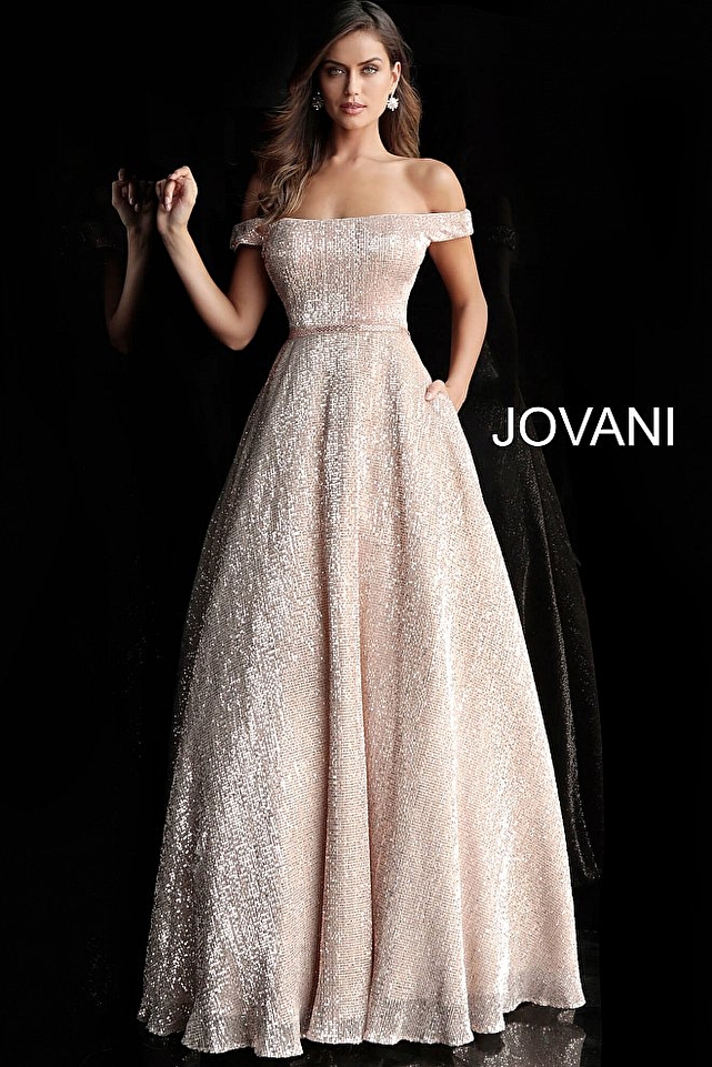 JVN66951 Champagne Embellished Belt Prom Gown