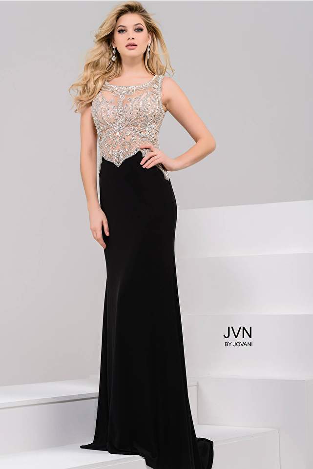 Black and nude Embellished Prom Dress JVN45326