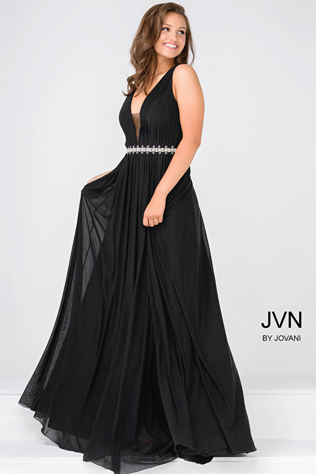 Black Embellished Waistline Sleeveless Chiffon Dress JVN47776