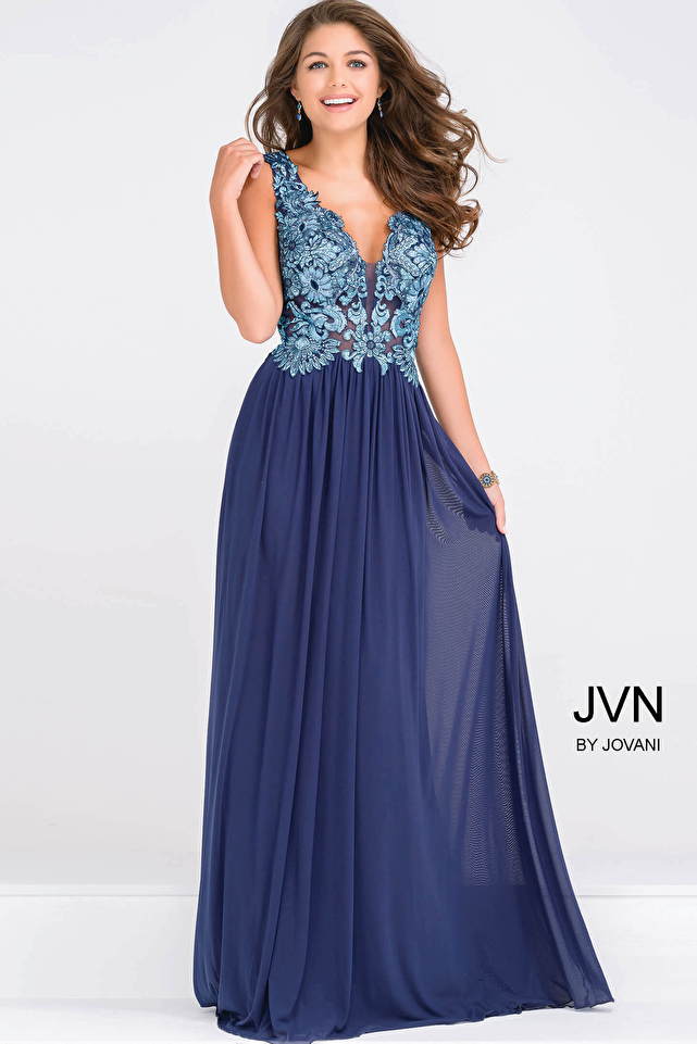 Blue Embroidery Bodice Plunging Neckline Dress JVN47781