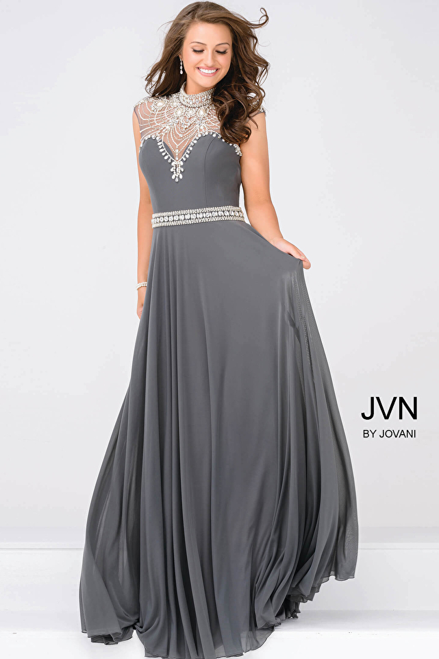 Gunmetal Sheer Embellished Neckline Mesh Prom Dress JVN48641