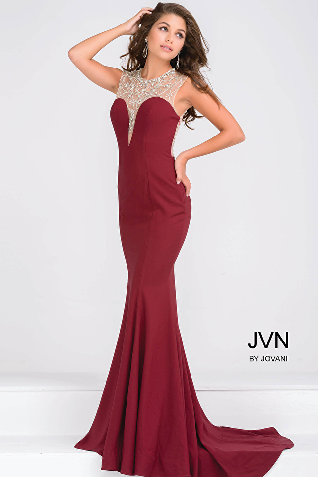 Burgundy Embellished Neckline Jersey Fitted Dress JVN48834
