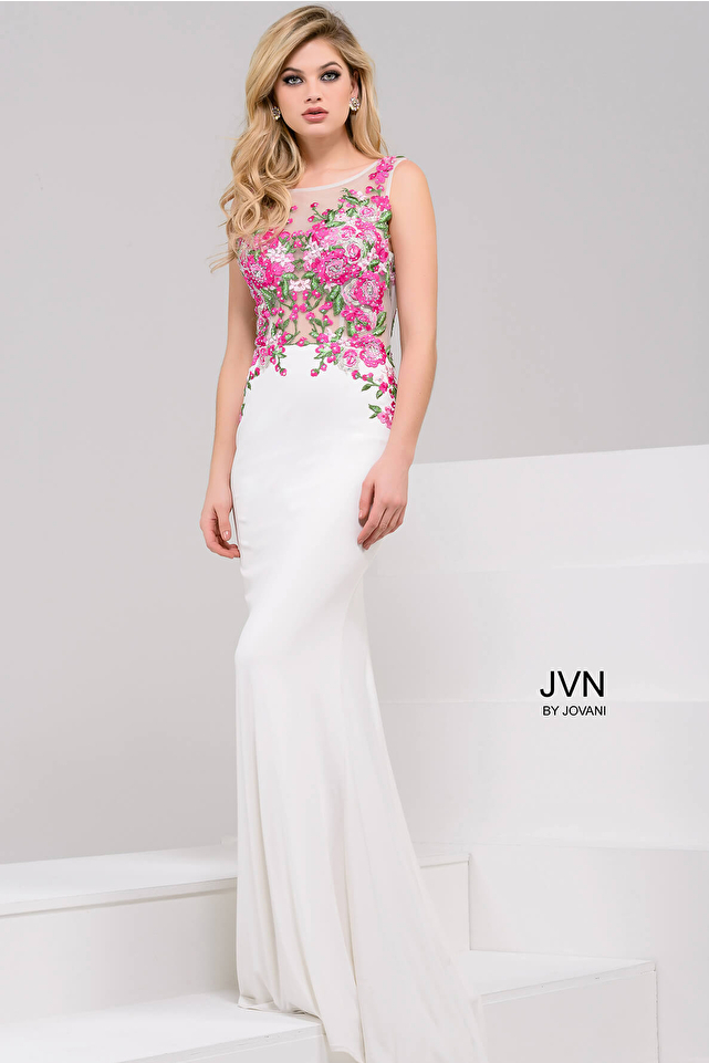 White Multi Floral Applique Open Back Dress JVN50045