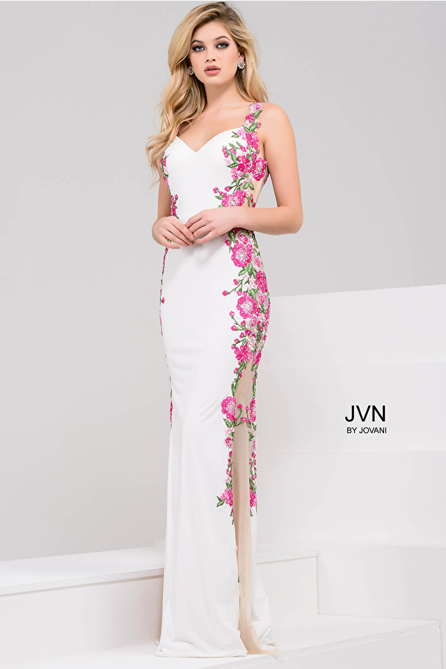 White Multi Jersey Floral Dress with Illusion Back JVN50049
