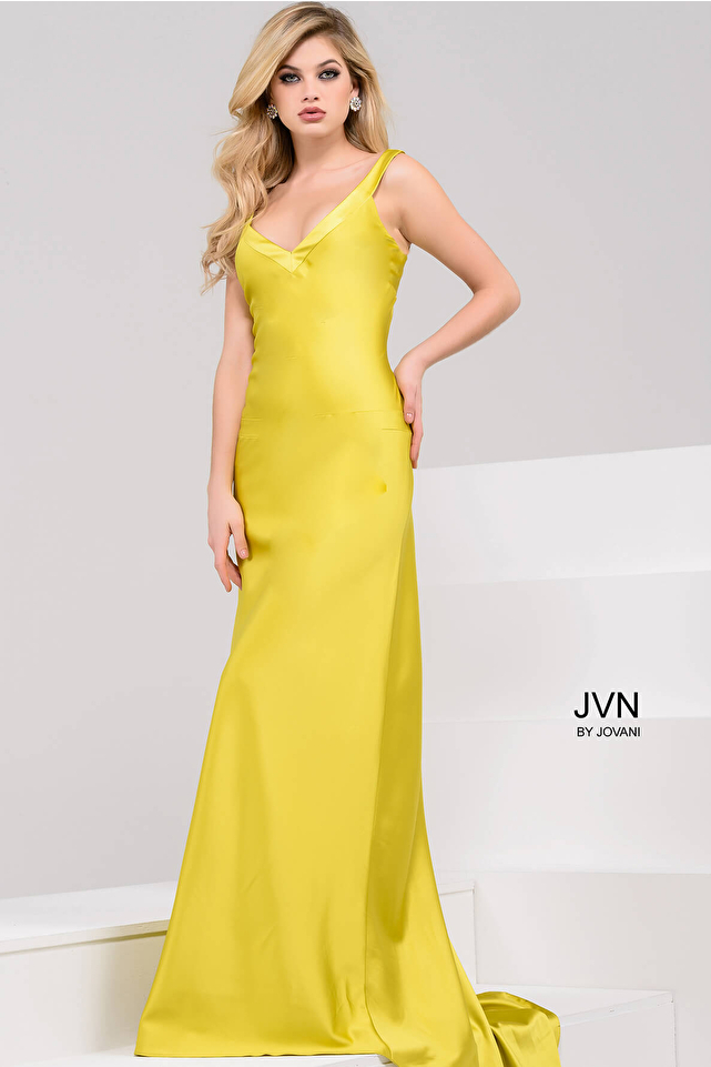 Yellow Silk Satin V Neck Open Back Prom Dress JVN50366