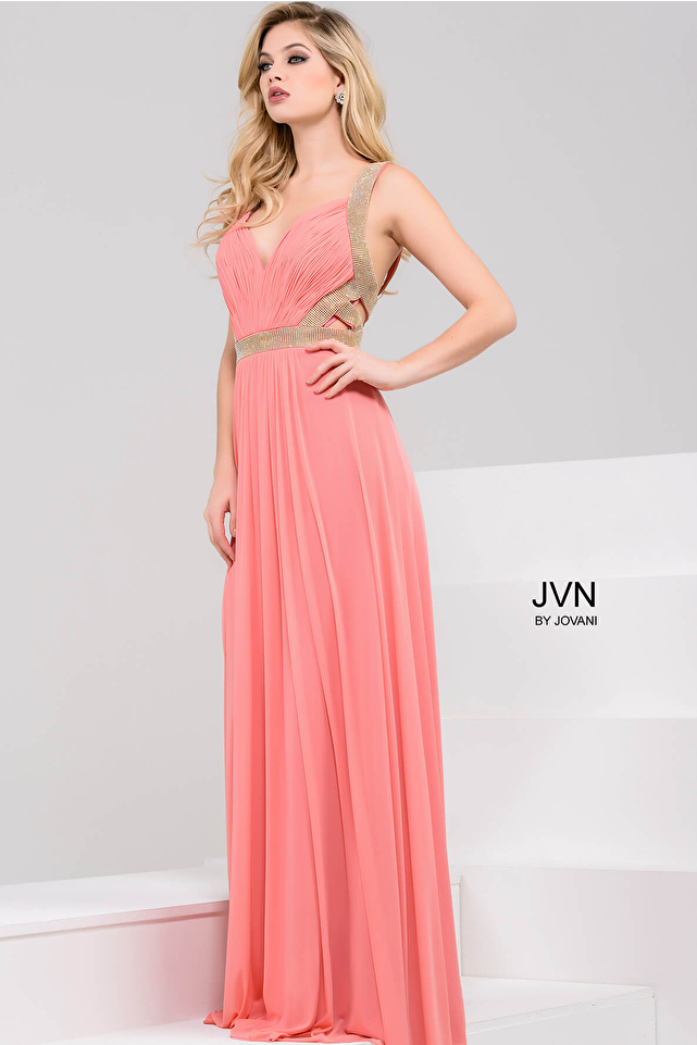 Pink Ruched Bodice Beaded Prom Dress JVN50369