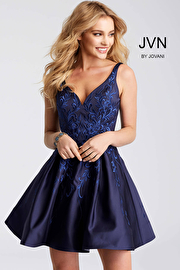 Navy embroidered backless fit and flare short dress.