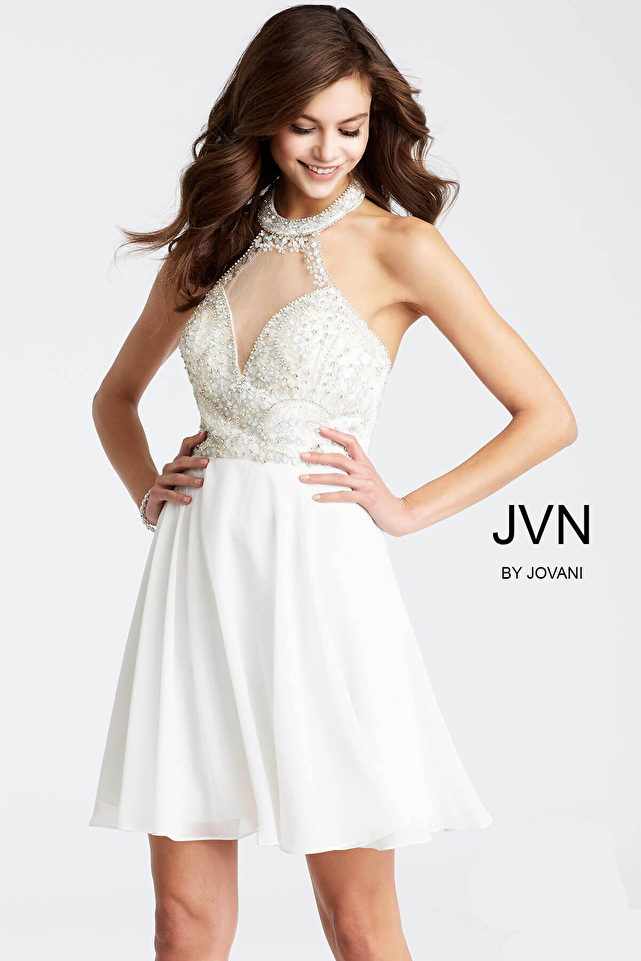 White Chiffon High Sheer Neckline Short Dress JVN53169