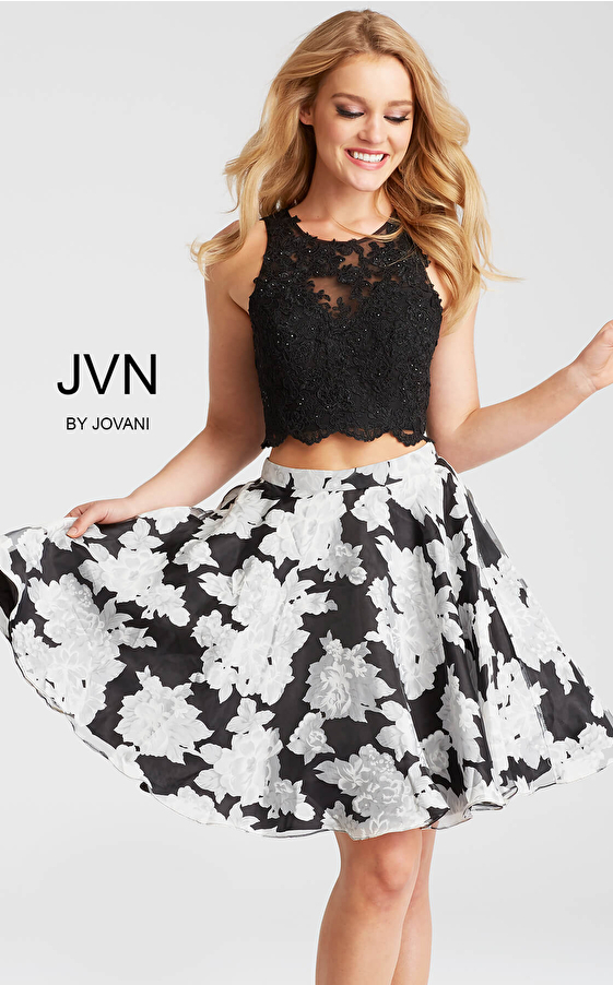 Black Print Fit and Flare Two Piece Short Dress JVN57597
