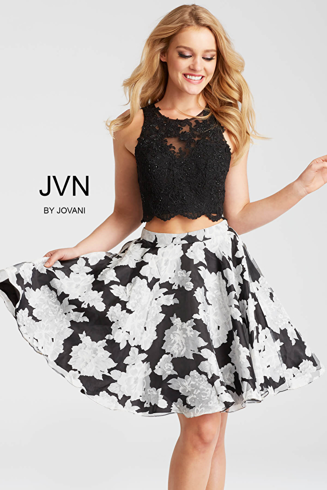 Black Print Fit and Flare Two Piece Short Dress JVN57597
