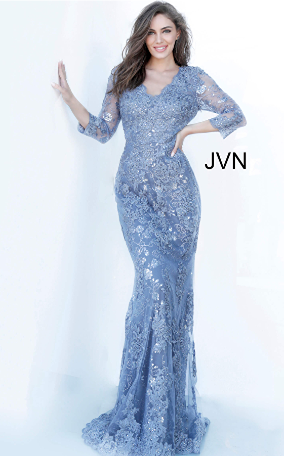  JVN02321 Gunmetal Three Quarter Sleeve Evening Dress