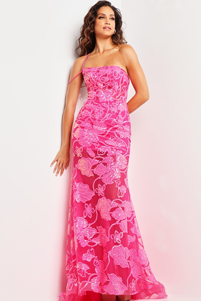 Hot Pink Floral One Shoulder Dress JVN38463