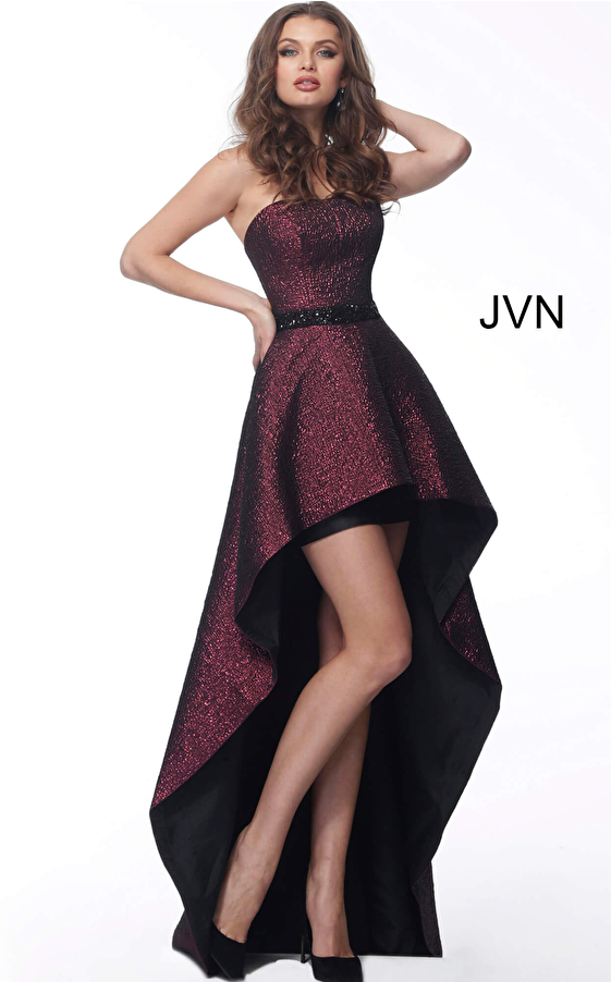 JVN62589 Wine High Low Strapless Evening Dress