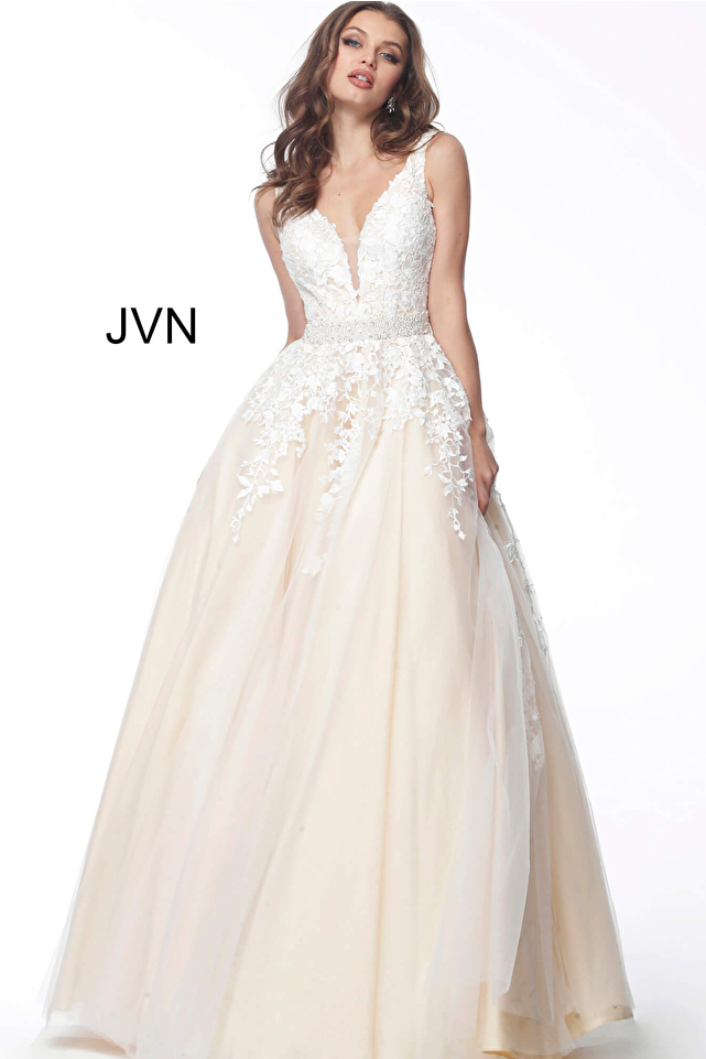 JVN68258 White nude Embellished Sleeveless Evening Gown