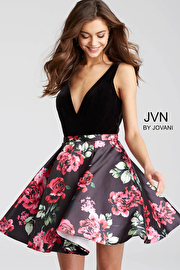 Black velvet bodice and floral skirt fit and flare short dress.
