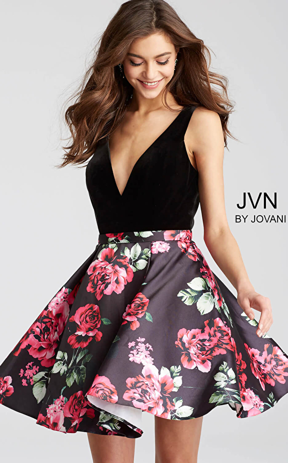 Black Multi Floral Print V Neck Short Dress JVN54510
