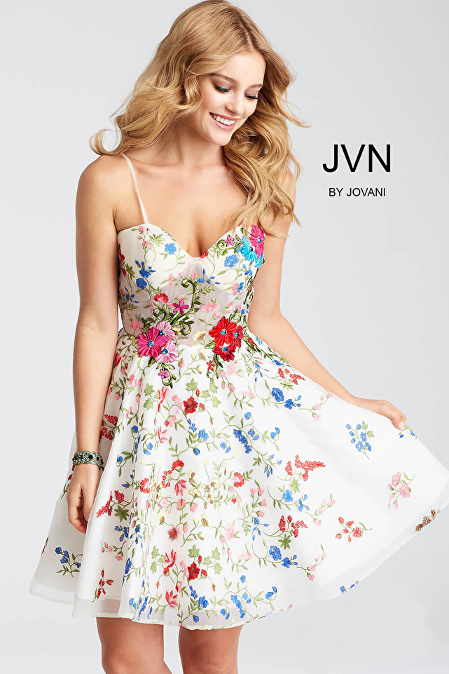White Floral Embroidered Fit and Flare Short Dress JVN54557