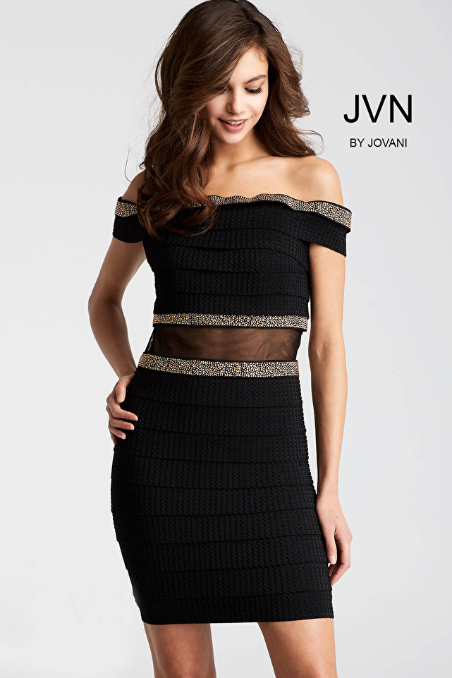 Black Off the Shoulder Sheer Waist Short Dress JVN55237