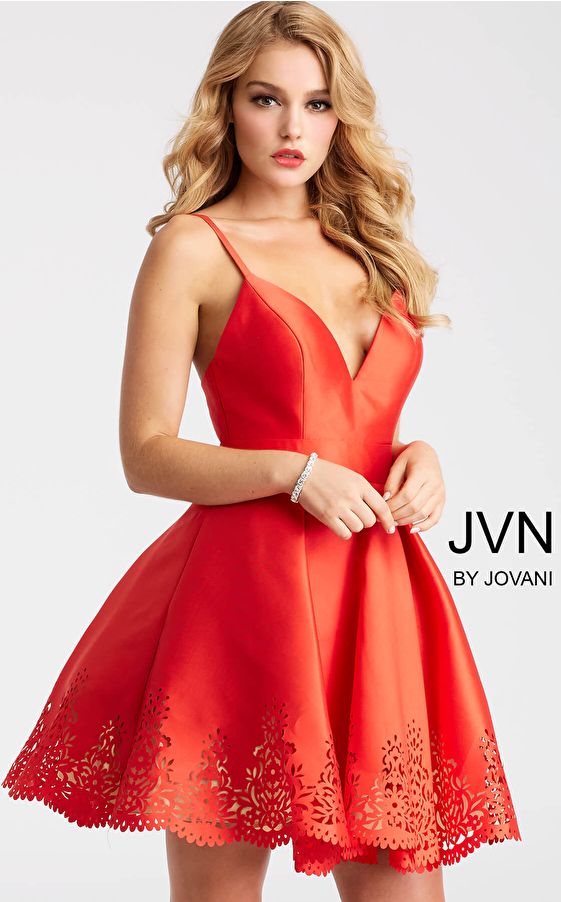 Red Fit and Flare Laser Cut Short Dress JVN55376