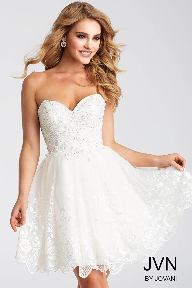 White Embroidered Strapless Short Dress JVN55383