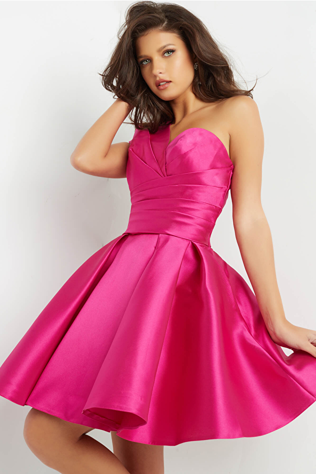 JVN05270 Fuchsia One Shoulder Fit and Flare Dress