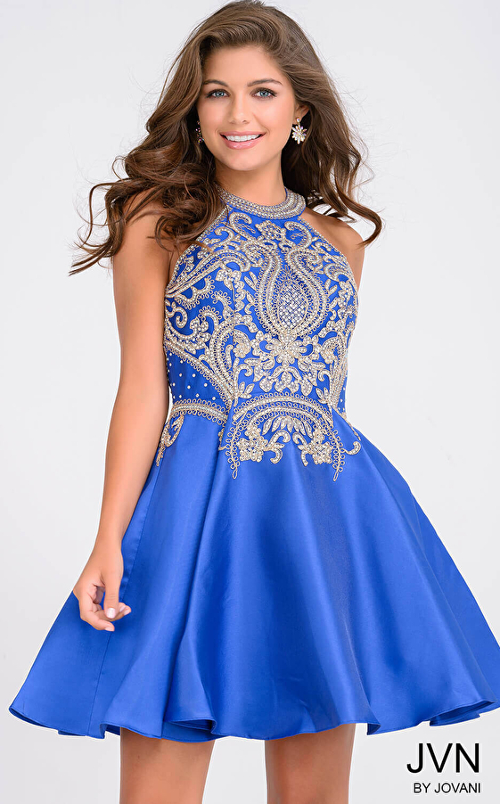Royal Halter Fit and Flare Beaded Homecoming Dress JVN41690