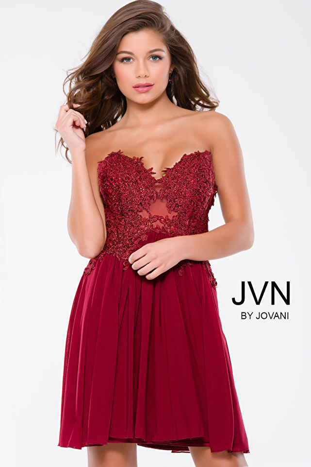 Burgundy Strapless Lace Mesh Short Dress JVN35000