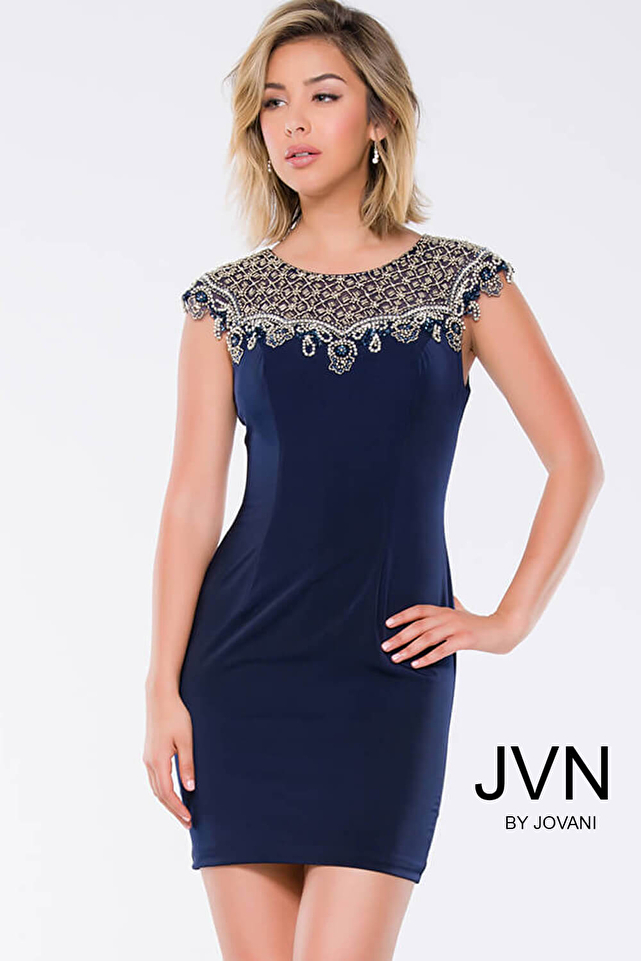 Navy Jersey Cap Sleeve Fitted Short Dress JVN41533