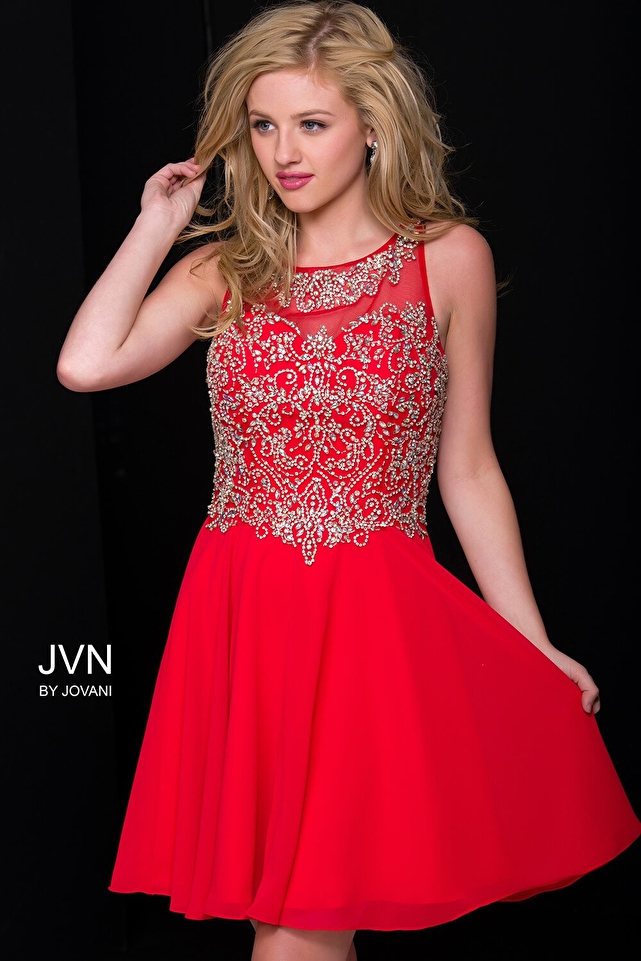 Red Embellished Chiffon Short Dress JVN41689