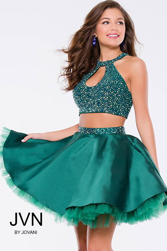 Green Beaded Two-Piece Fit and Flare Short Dress JVN41910