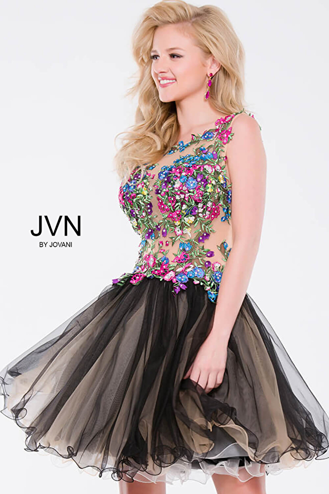 Multi Color Floral Fit and Flare Short Dress JVN42330