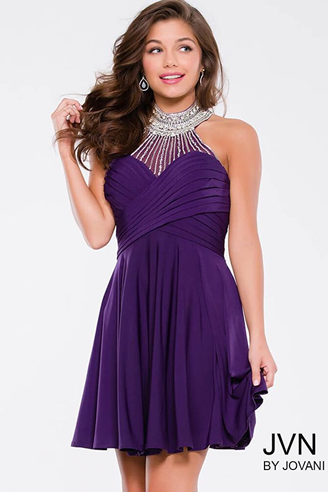 Purple Mesh High Neck Dress JVN42589