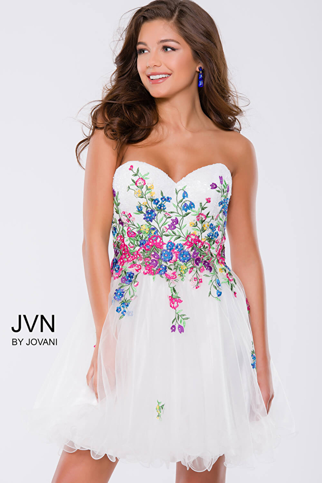 White Floral Fit and Flare Strapless Short Dress JVN42612