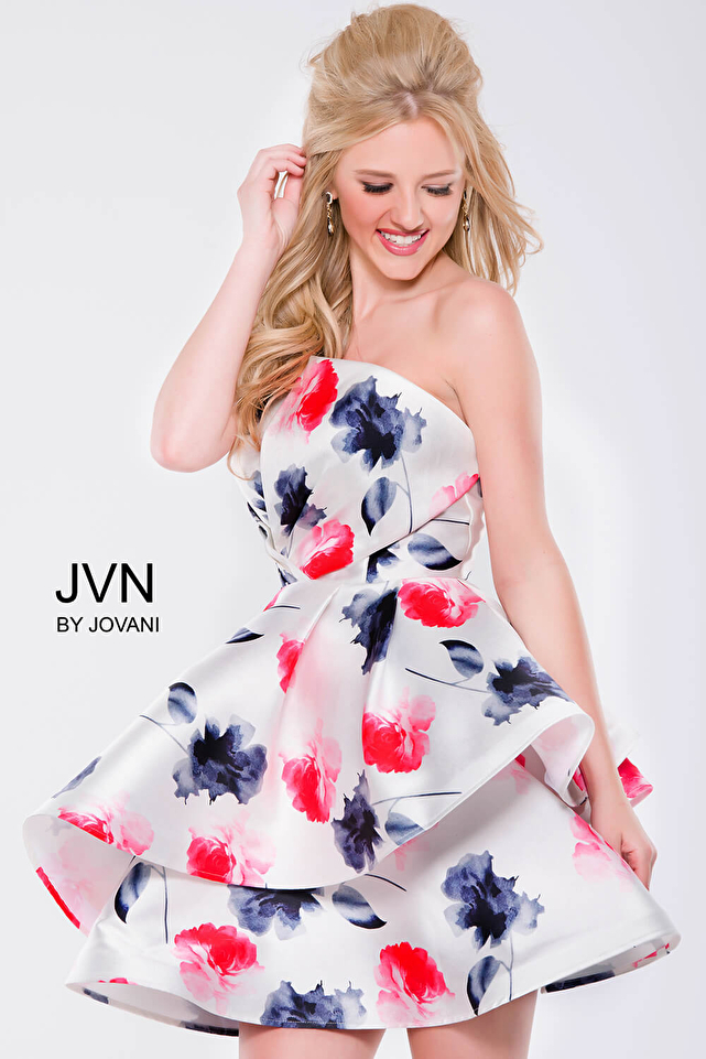 Print Strapless Fit and Flare Short Dress JVN47140