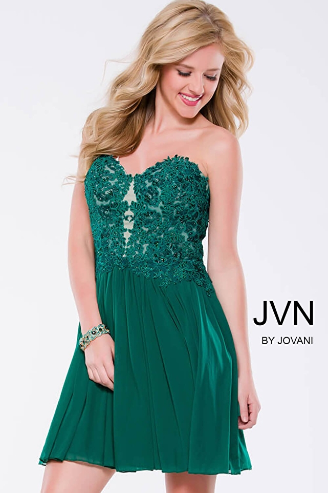 Green Strapless Embellished Fit and Flare Mesh Short Dress JVN47312