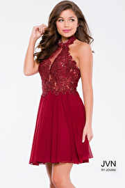 Burgundy halter neck lace fit and flare short dress with chiffon skirt.