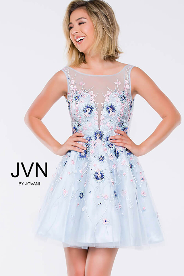 Blue Floral Apllique Fit and Flare Short Dress JVN47793