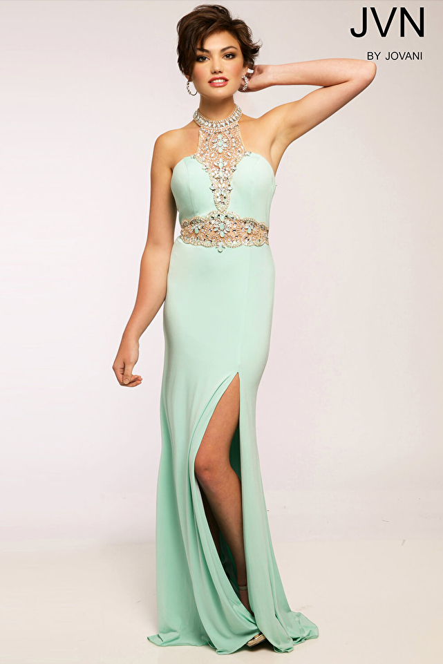 Mint Halter Jersey Prom Dress JVN20530