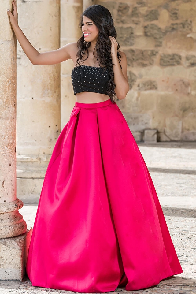 Fuchsia Two Piece Prom dress with Embellished Top and A Line Skirt 22897