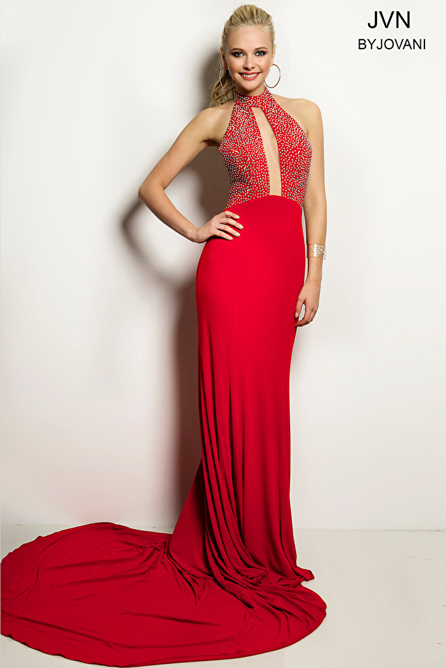 Red Halter Jersey Prom Dress JVN24844