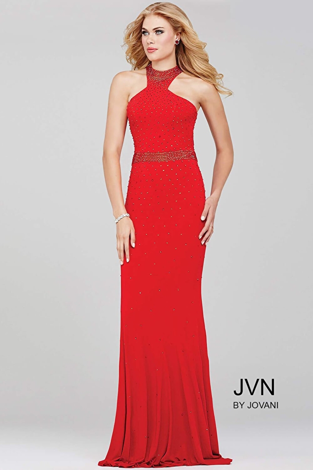 Red Fitted Halter Neck Jersey Prom Dress JVN33144
