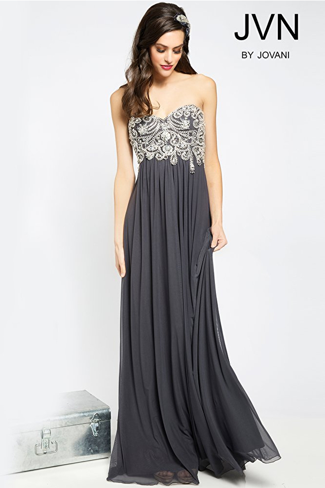 Grey Crystal Embellished Prom Dress JVN20365