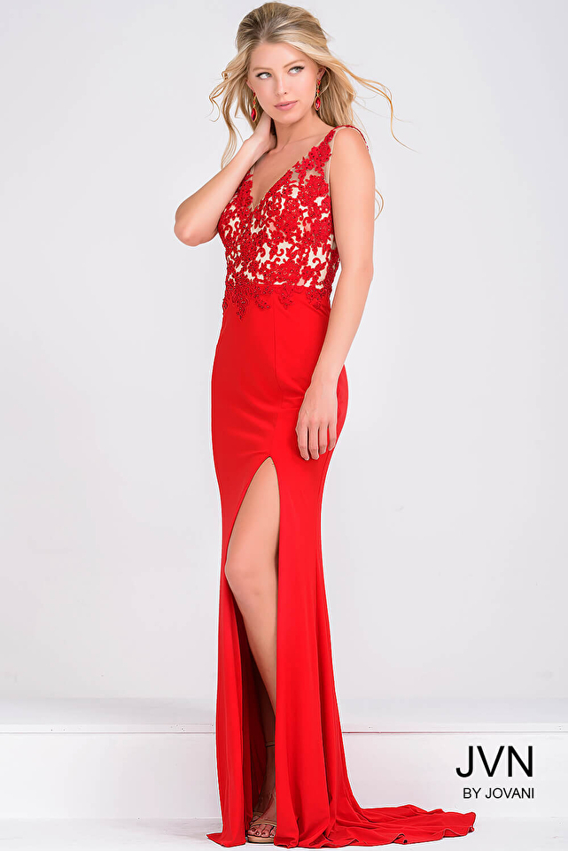 Lace Top Red High Slit Prom Dress JVN22426