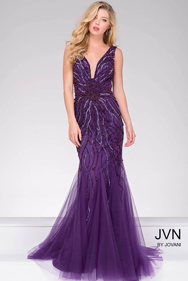 Purple Tulle Mermaid Open Back Dress JVN22495