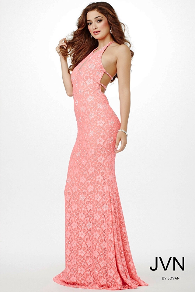 Pink Lace Halter Prom Dress JVN23175