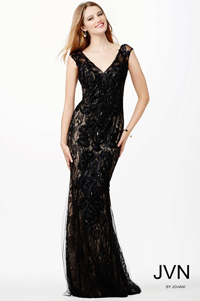 Black V-Neckline Evening Dress JVN24427