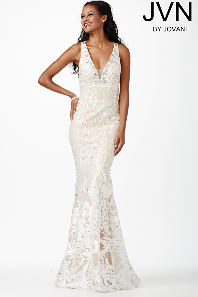 White Lace Sleeveless Prom Dress JVN27623
