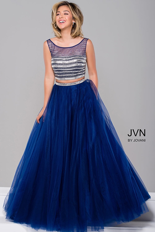 Navy Blue Embellished Top Two Piece Dress JVN30023