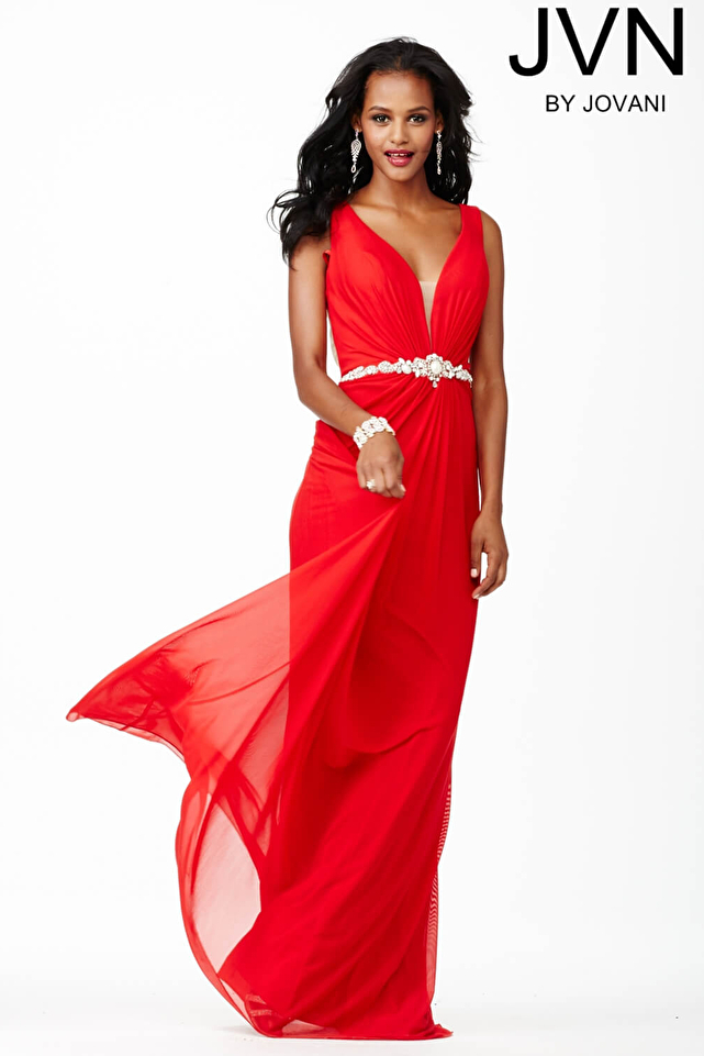 Red Plunging Neckline Dress JVN31415