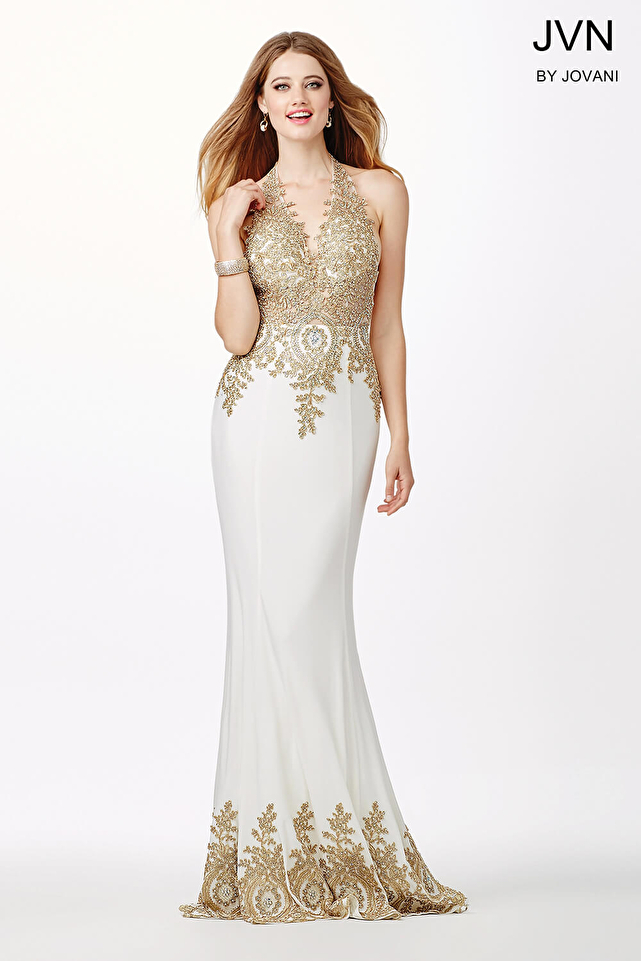 White and Gold Fitted Prom Dress JVN31492